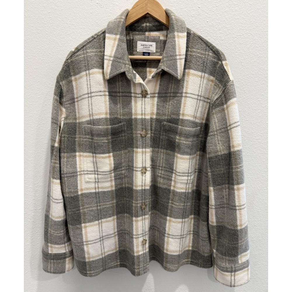 AMERICAN EAGLE AE FLEECE PLAID SHACKET WOMEN Large L Shirt Top SUPER SOFT BUTTON